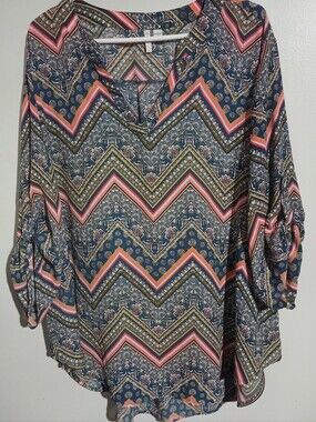 Chevron-Print Navy Tunic with Pink Accents